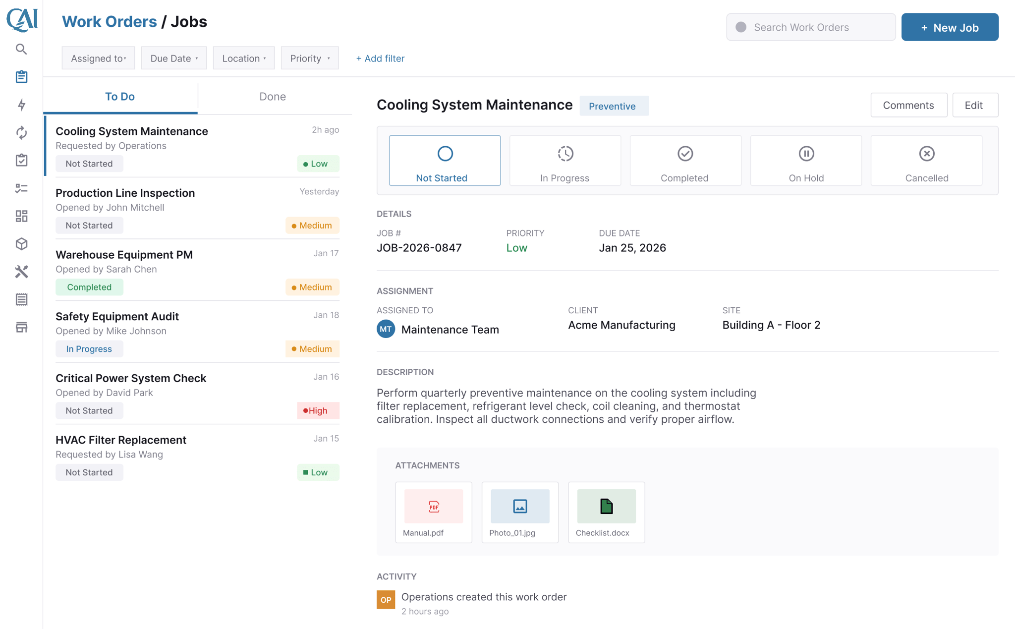 QAI work orders board showing jobs, statuses and assignees